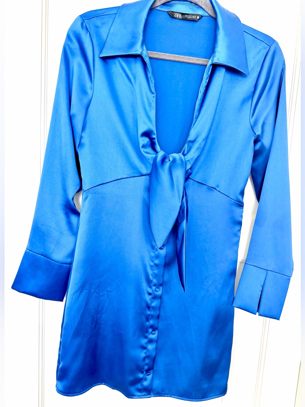 Zara Royal Blue Satin Tie-Front Chemise Dress